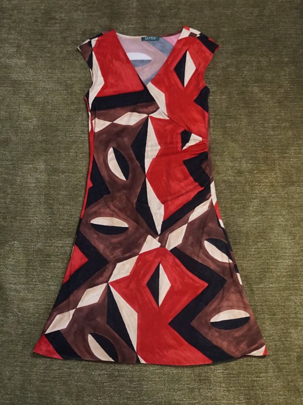 Lauren Ralph Lauren brown & red Art Deco midi dress size L